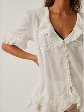 Free People White Ruffled Lace-Trim Tunic Top
